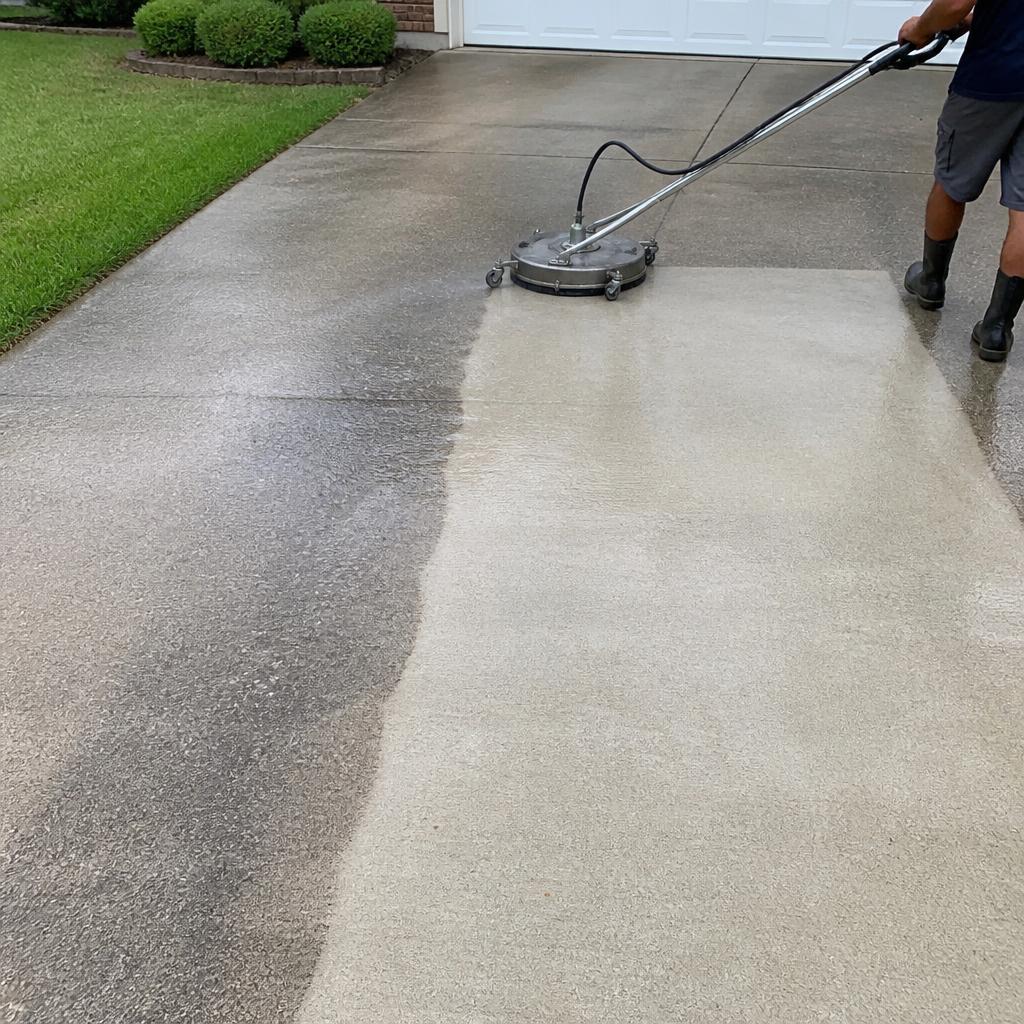 Concrete driveway being pressure washed