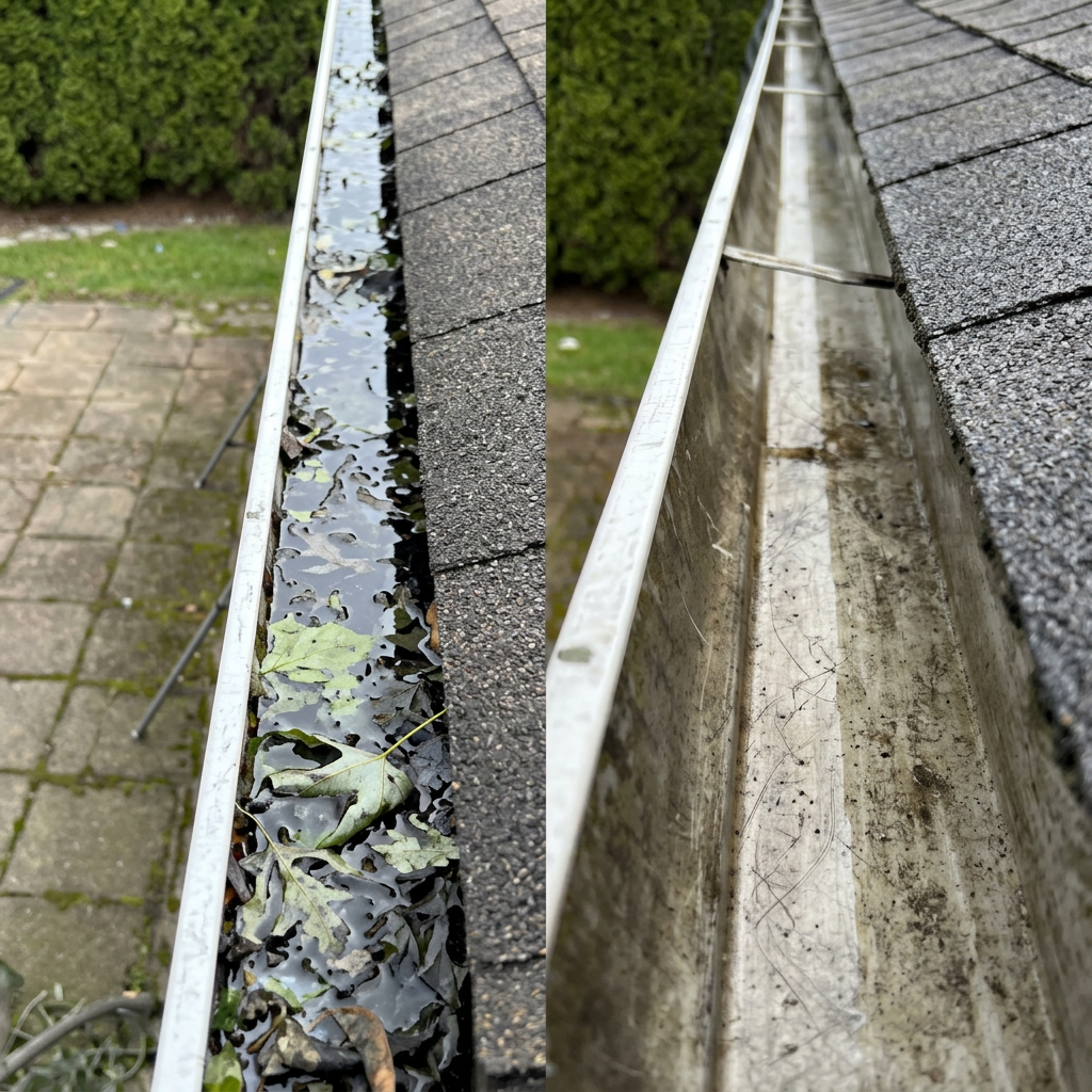 Clogged gutter ready to be cleaned