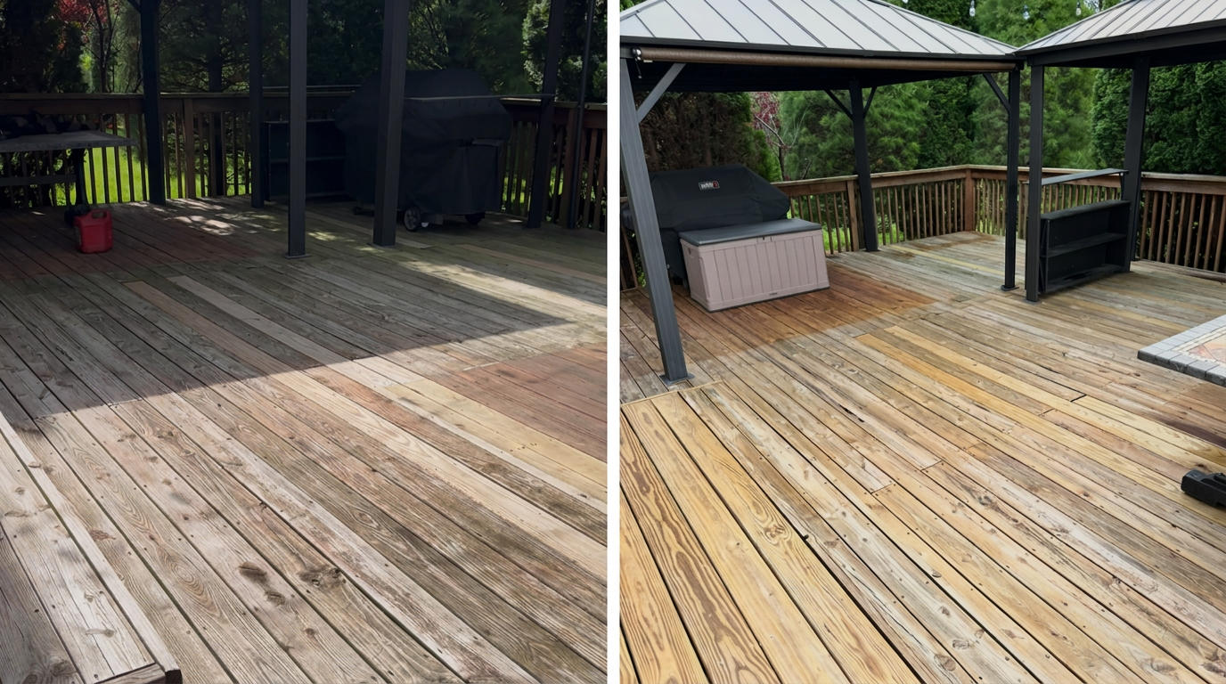 Wood deck restored after pressure washing